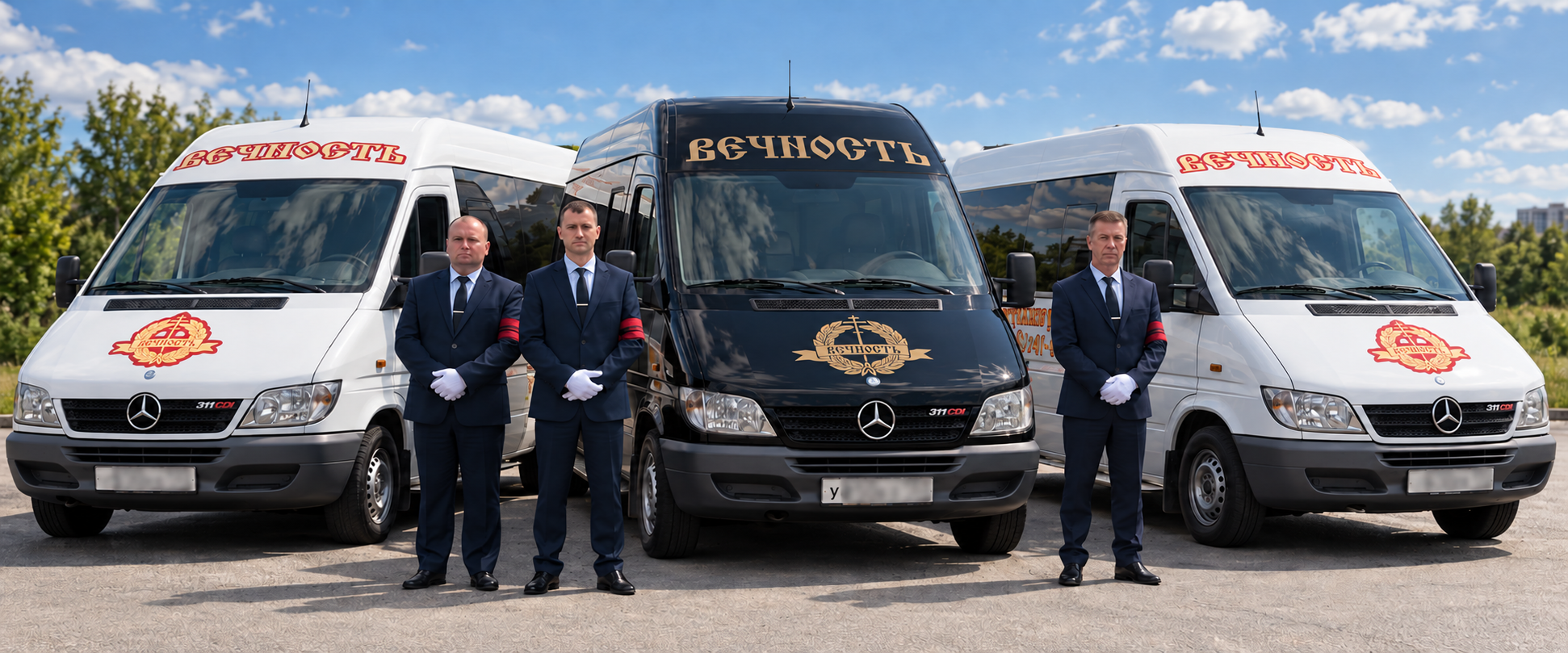Сотрудники компании «Вечность» рядом со служебным автотранспортом